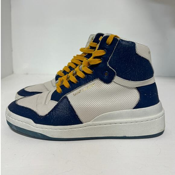 Saint Laurent Sl24 Colorblock Lace Up High Top Sneakers White/Navy Size 38 / 7.5 - Picture 4 of 11